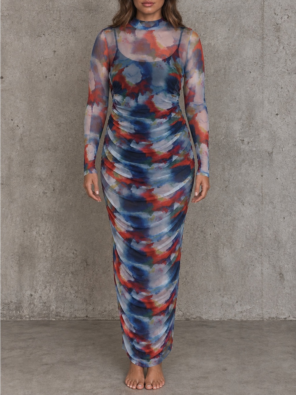 Fashion Nova Sheer Abstract Print Ruched Maxi Dress XL Long Sleeve Wedding Guest